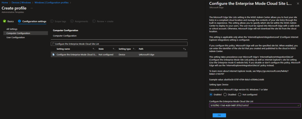 Configure the Enterprise Mode Cloud Site List with Site List ID